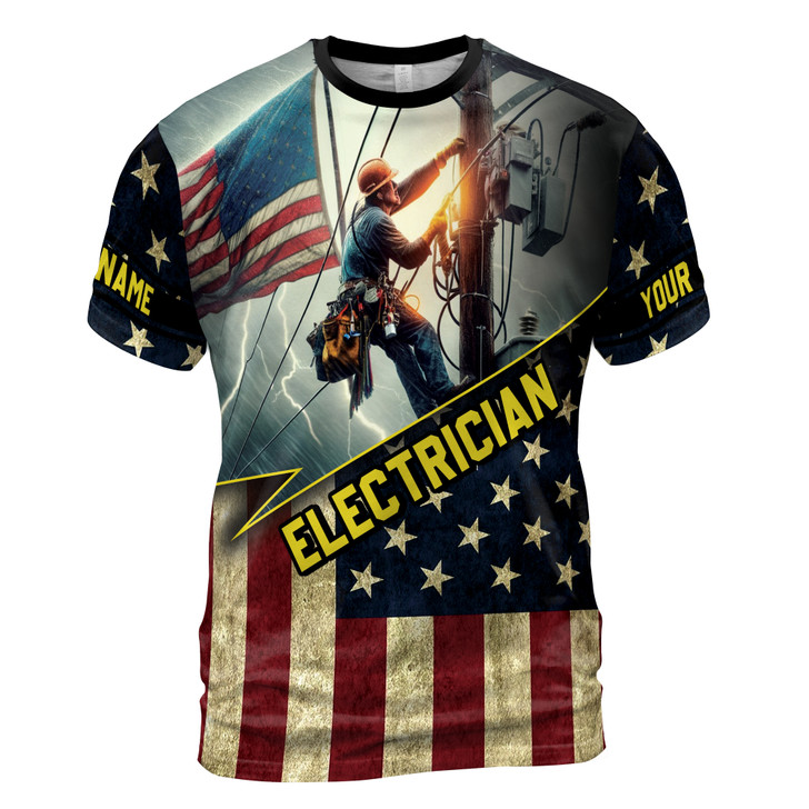 Custom Name Electrician Lightning America Flag Pattern Red Blue 3D T-Shirt S-5XL