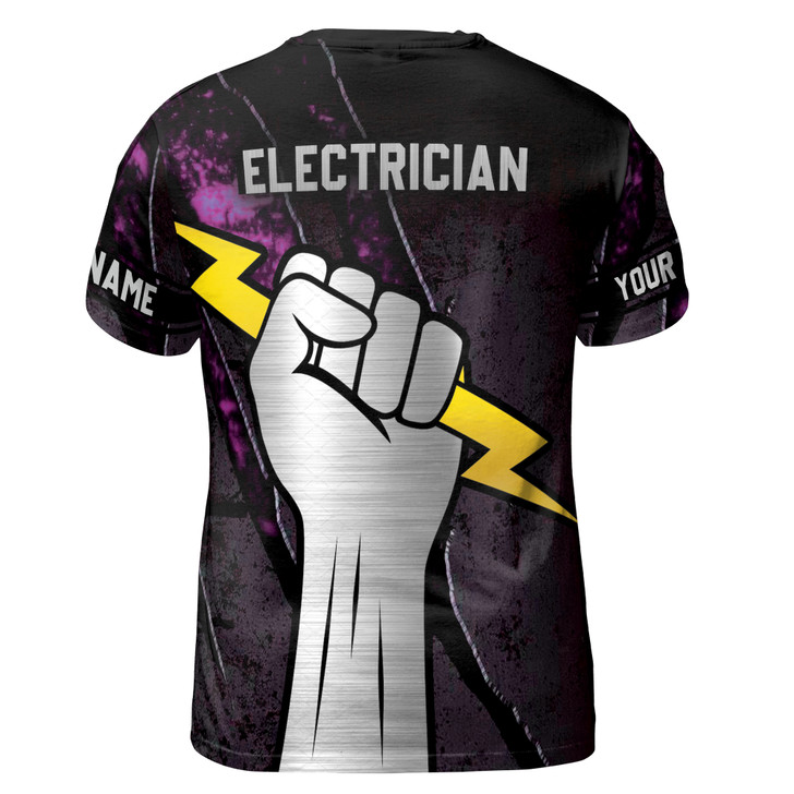 Custom Name Electrician Lightning In Hand Black Purple 3D T-Shirt S-5XL