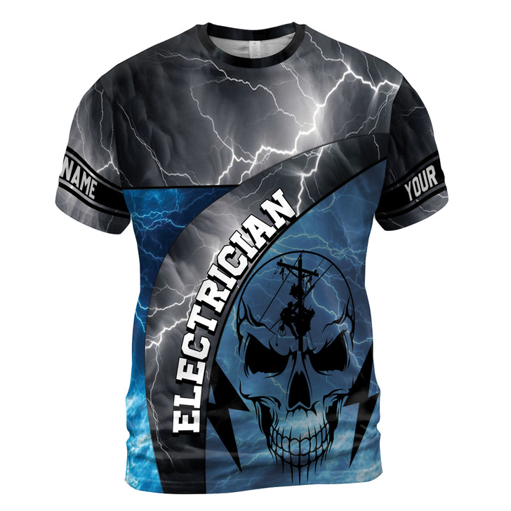 Custom Name Electrician Skull Thunder Pattern Black Blue 3D T-Shirt S-5XL