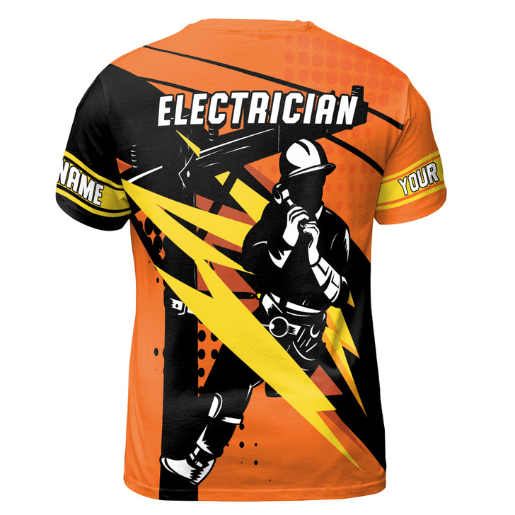 Custom Name Electrician On The Pole Lightning Strike Orange 3D T-Shirt S-5XL