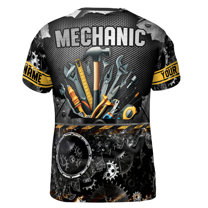 Custom Name Mechanic Tools Gears Metal Pattern Black Silver 3D T-Shirt S-5XL