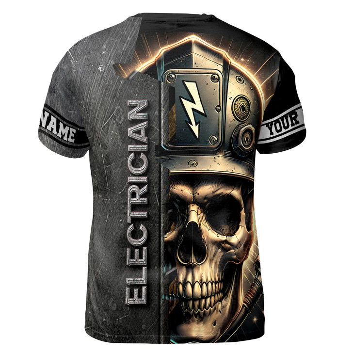 Custom Name Electrician Skull Helmet Metal Pattern Gray 3D T-Shirt S-5XL