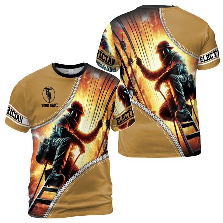 Custom Name Electrician Step Ladder Spark Zipper Pattern Beige 3D T-Shirt S-5XL