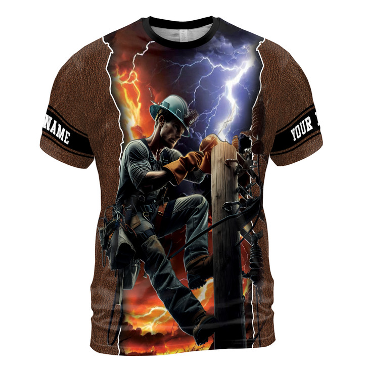 Custom Name Electrician Lightning Leather Pattern Brown 3D T-Shirt S-5XL
