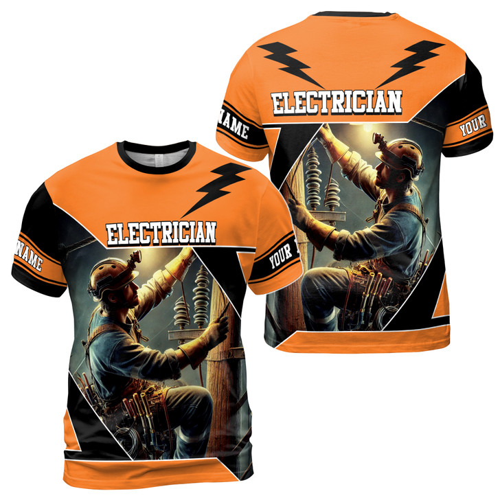 Custom Name Electrician Fixing Powerline Lightning Bold Orange 3D T-Shirt S-5XL