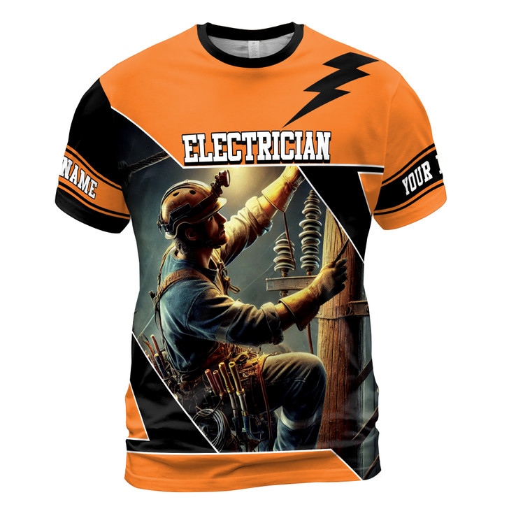 Custom Name Electrician Fixing Powerline Lightning Bold Orange 3D T-Shirt S-5XL