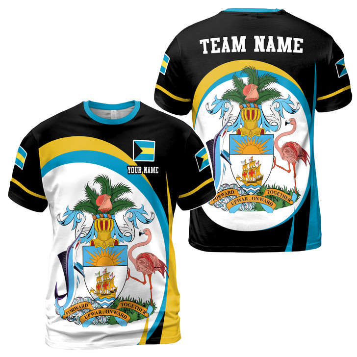 Custom Team Name Bahamas Flag Coat Of Arms Black Yellow Blue 3D T-Shirt S-5XL