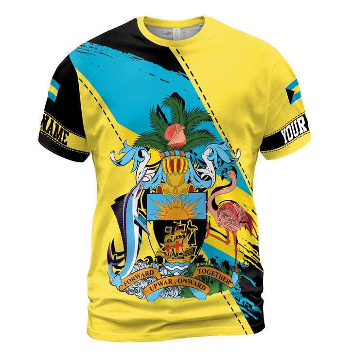 Custom Team Name Bahamas Emblem Coat Of Arms Yellow Blue Black 3D T-Shirt S-5XL