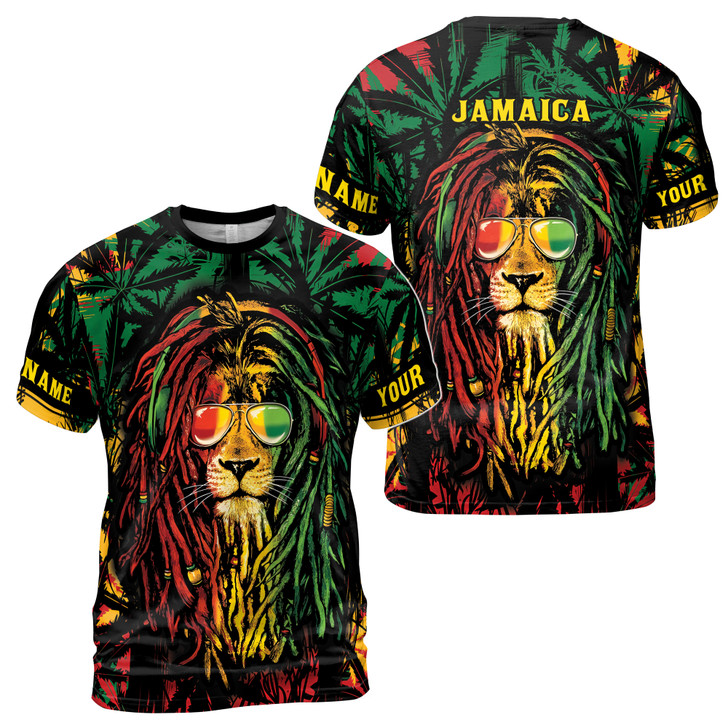 Custom Name Jamaican Flag Rasta Lion Leaves Pattern Colorful 3D T-Shirt S-5XL