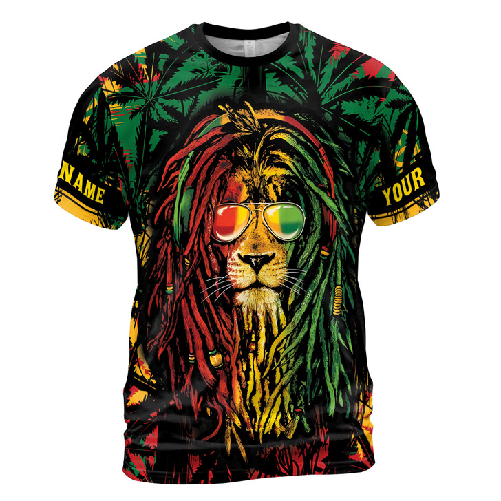 Custom Name Jamaican Flag Rasta Lion Leaves Pattern Colorful 3D T-Shirt S-5XL