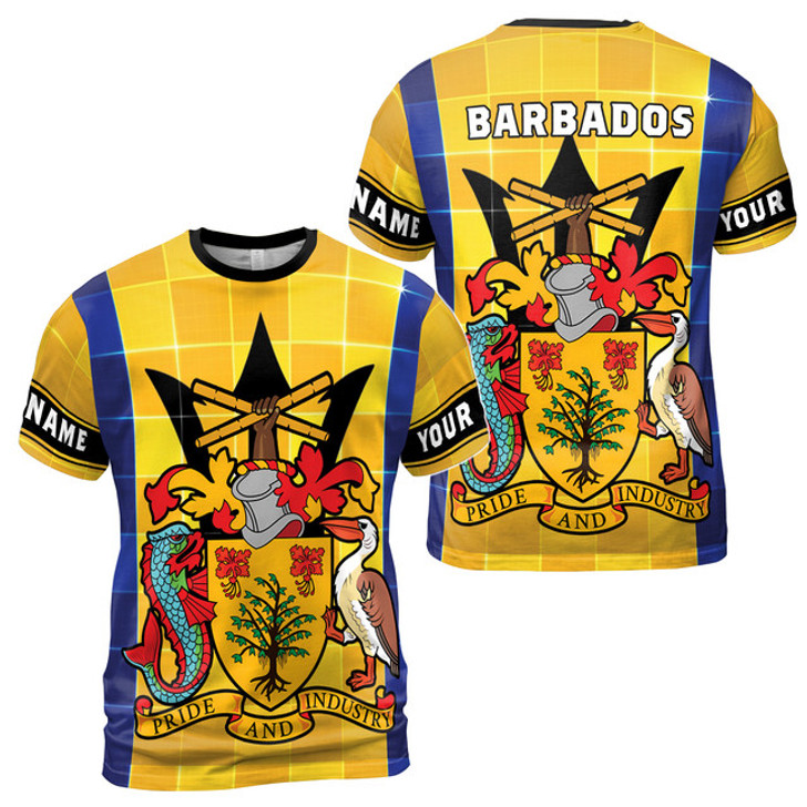 Custom Name Barbados Coat Of Arms Tiles Pattern Yellow Blue 3D T-Shirt S-5XL