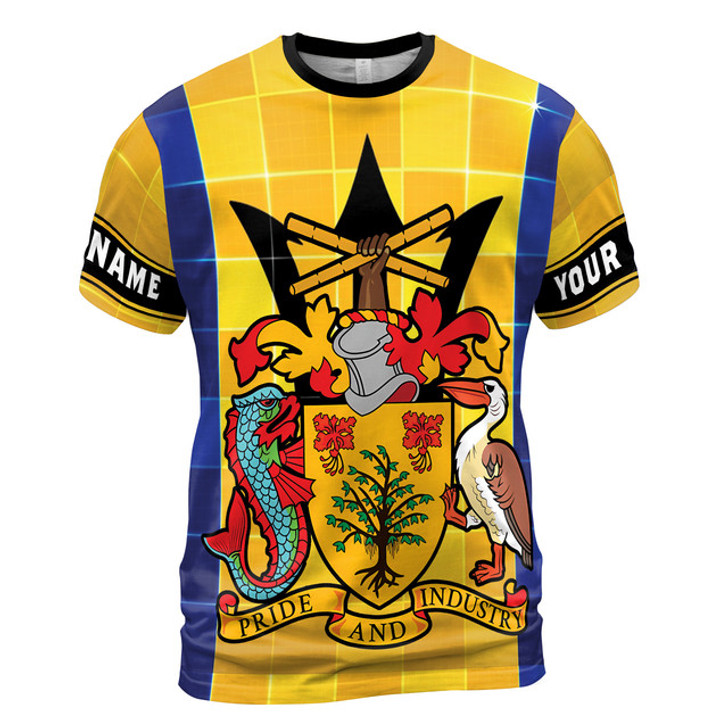 Custom Name Barbados Coat Of Arms Tiles Pattern Yellow Blue 3D T-Shirt S-5XL