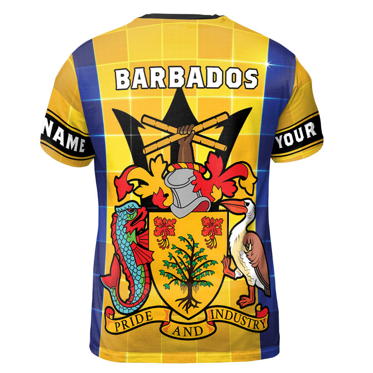 Custom Name Barbados Coat Of Arms Tiles Pattern Yellow Blue 3D T-Shirt S-5XL