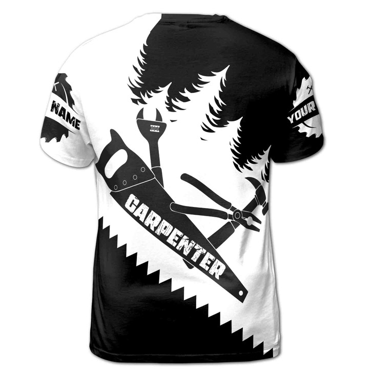 Custom Name Carpenter Saw Trees Tools Pattern Black White 3D T-Shirt S-5XL