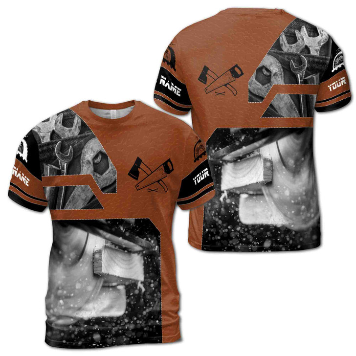 Custom Name Carpenter Saw Axe Leather Pattern Brown Black White 3D T-Shirt S-5XL