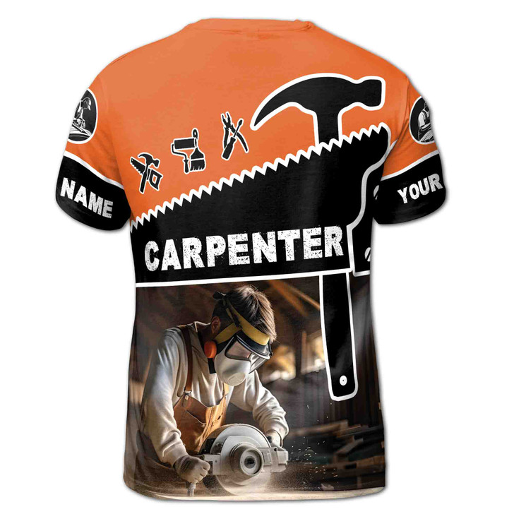 Custom Name Carpenter Tools Saw Workbench Black Orange 3D T-Shirt S-5XL