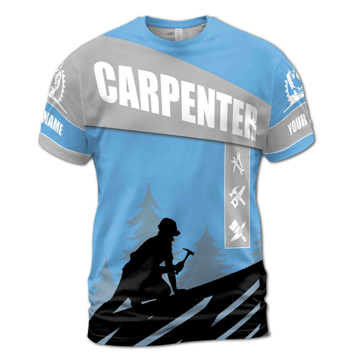 Custom Name Carpenter Tools Construction Forest Blue Gray 3D T-Shirt S-5XL