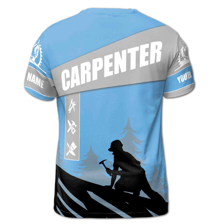 Custom Name Carpenter Tools Construction Forest Blue Gray 3D T-Shirt S-5XL