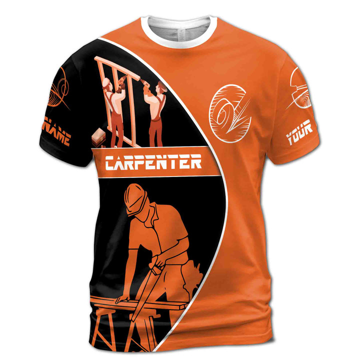 Custom Name Carpenter Woodworking Construction Black Orange 3D T-Shirt S-5XL