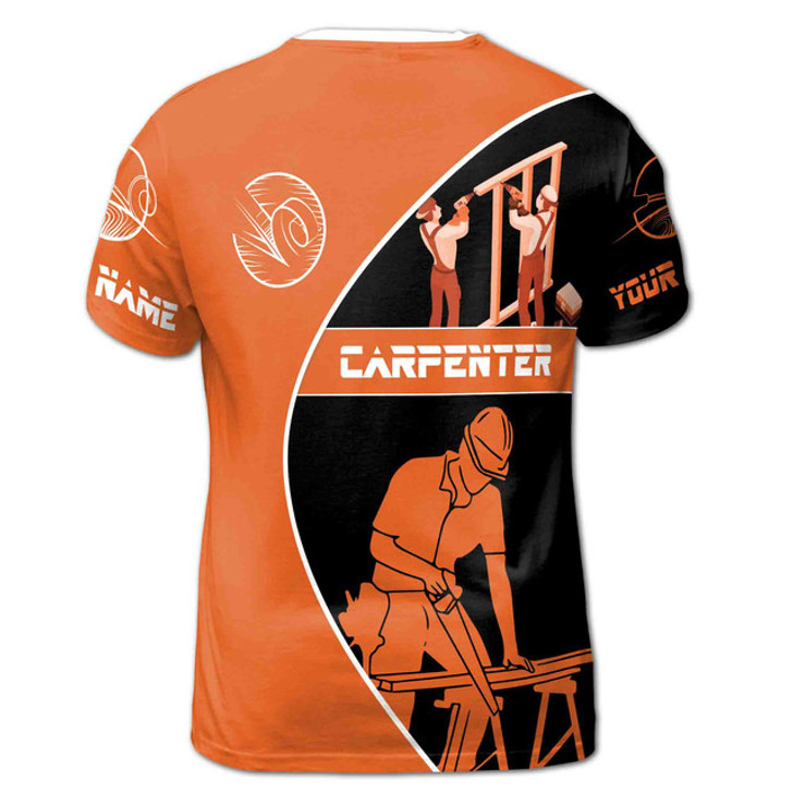 Custom Name Carpenter Woodworking Construction Black Orange 3D T-Shirt S-5XL