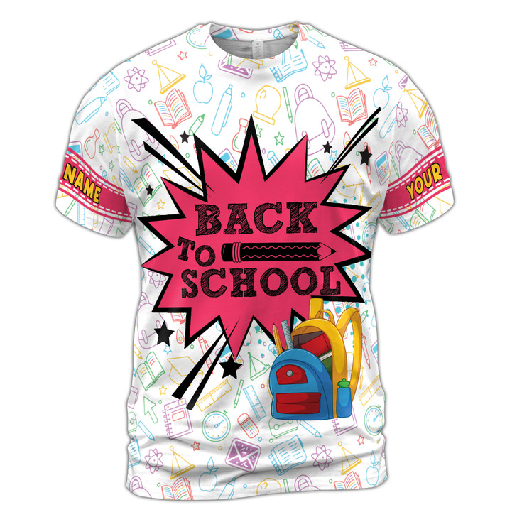 Custom Name Back To School Student Items Fun Cartoon White 3D T-Shirt S-5XL