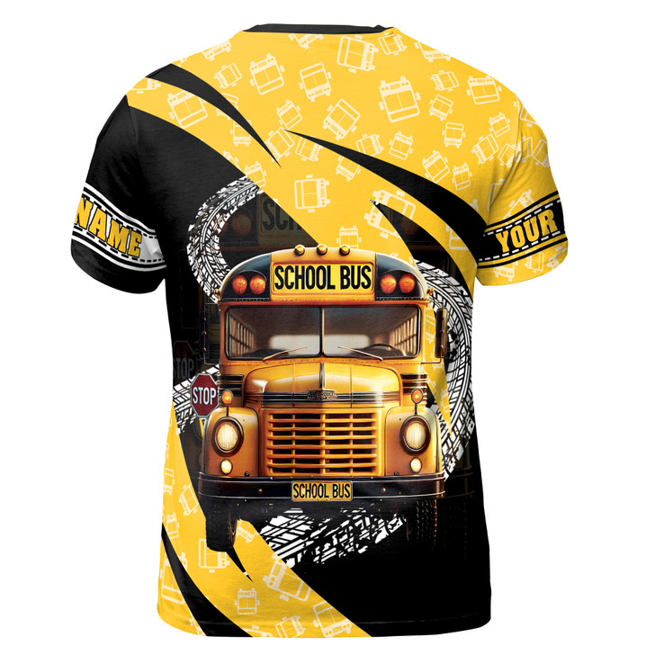 Custom Name Bold Back to School Tire Track Bus Black Yellow 3D T-Shirt S-5XL