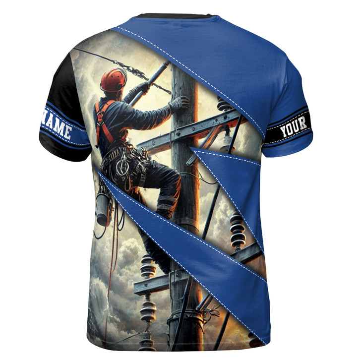 Custom Name Electrician Industrial Art Sewing Lines Blue 3D T-Shirt S-5XL