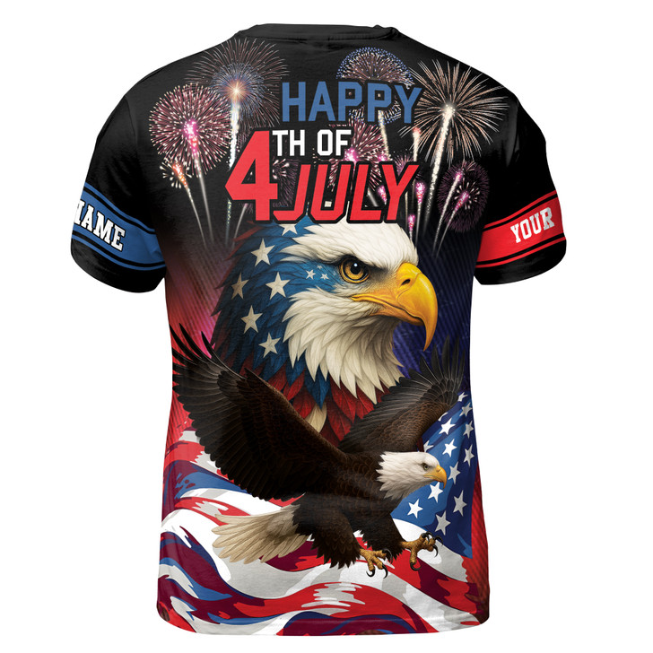 Custom Name Bald Eagle American Firework Black 3D T-Shirt S-5XL, 4th Of July