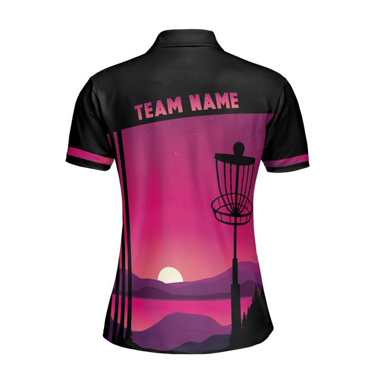 Custom Team Name Disc Golf Sunset Landscape Black Pink Women's Polo Shirt S-5XL