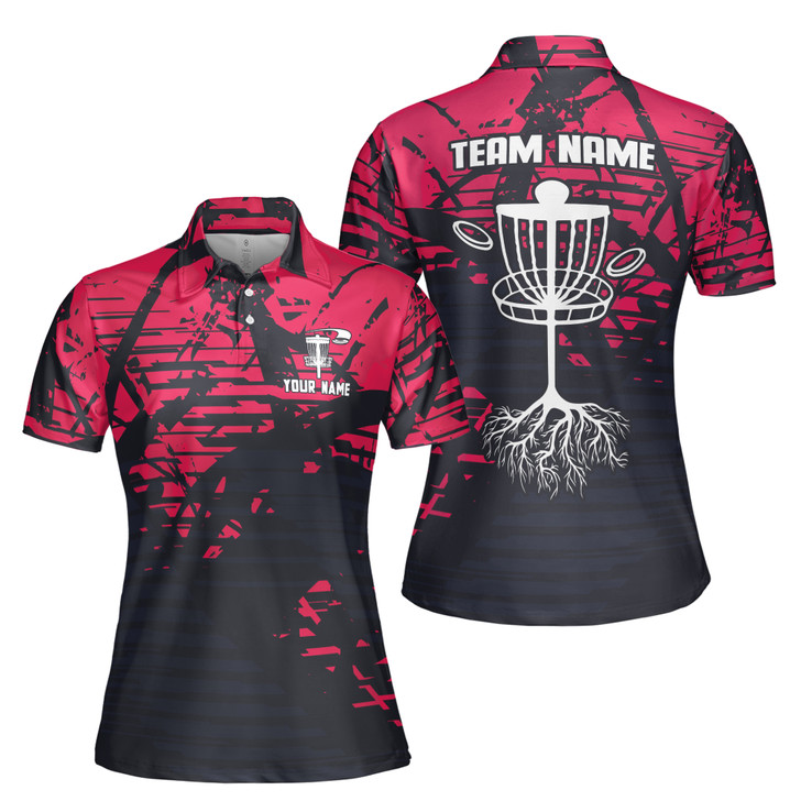 Custom Team Name Disc Golf Tree Roots Sport Black Red Women's Polo Shirt S-5XL