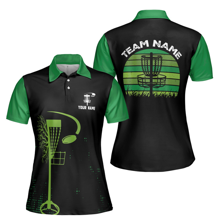 Custom Team Name Disc Golf Sun Grasses Black Green Women's Polo Shirt S-5XL