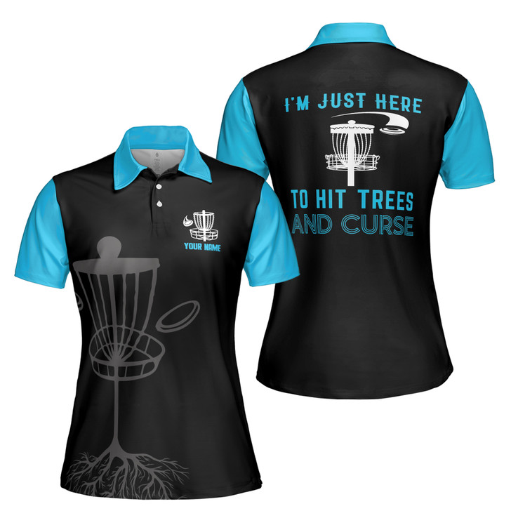 Custom Team Name Disc Golf Here Hit Trees Black Blue Women's Polo Shirt S-5XL