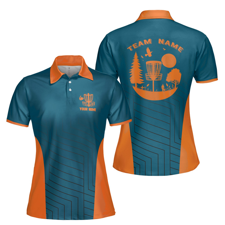 Custom Team Name Disc Golf Landscape Design Teal Orange Women's Polo Shirt S-5XL
