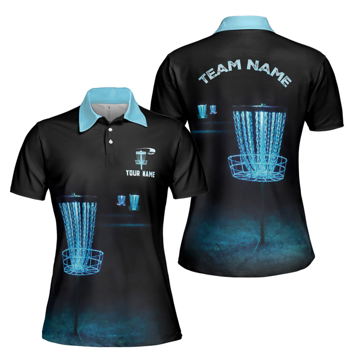 Custom Team Name Disc Golf Lighting Sport Black Blue Women's Polo Shirt S-5XL
