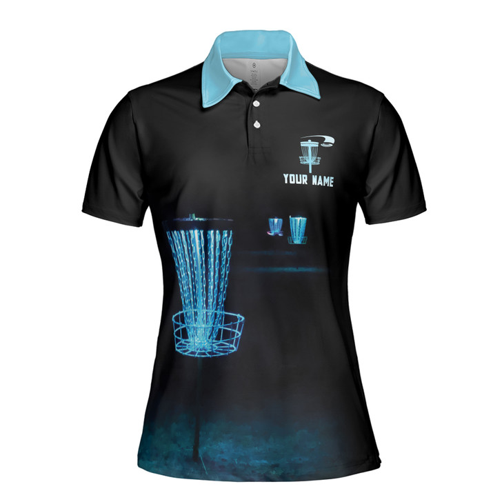 Custom Team Name Disc Golf Lighting Sport Black Blue Women's Polo Shirt S-5XL
