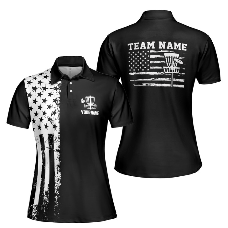 Custom Team Name Disc Golf American Flag Black White Women's Polo Shirt S-5XL