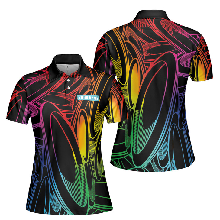 Custom Team Name Disc Golf Sport Colorful Pattern Black Women's Polo Shirt S-5XL