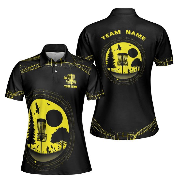 Custom Team Name Disc Golf Sport Landscape Black Yellow Women's Polo Shirt S-5XL