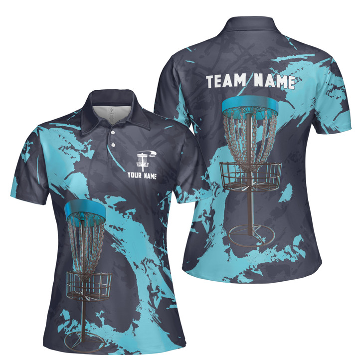 Custom Team Name Disc Golf Paint Camo Pattern Gray Blue Women's Polo Shirt S-5XL