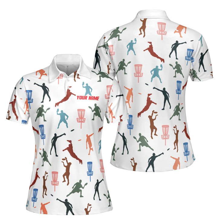 Custom Name Disc Golf Various Player Poses White Women's Polo Shirt S-5XL