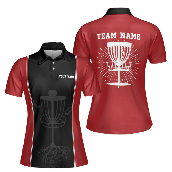 Custom Team Name Disc Golf Tree Roots Design Black Red Women's Polo Shirt S-5XL