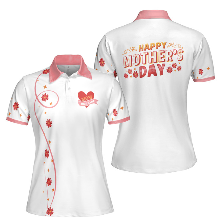 Customize Name Mom Heart Flowers Stars Maternal Love White Women's Polo Shirt S-5XL