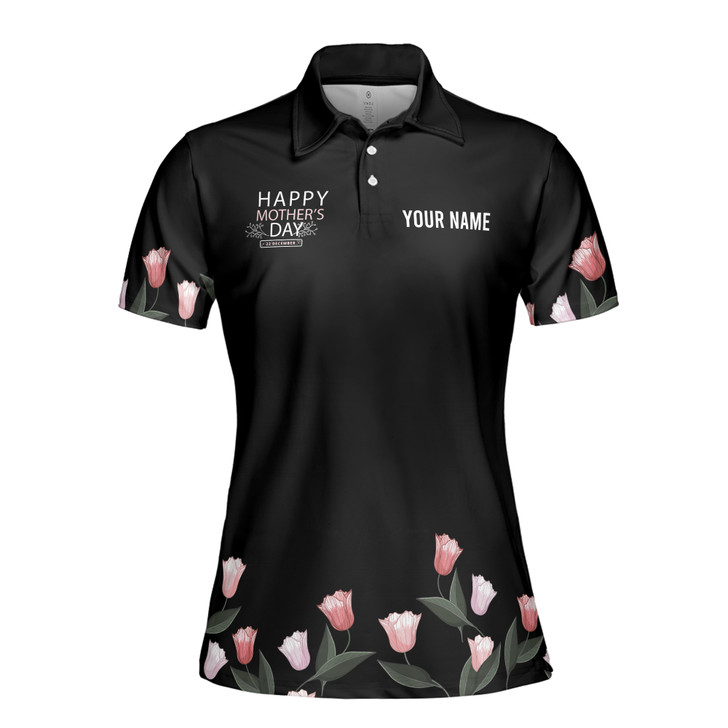 Custom Name Mom Rose Pattern Black Women's Polo Shirt S-5XL