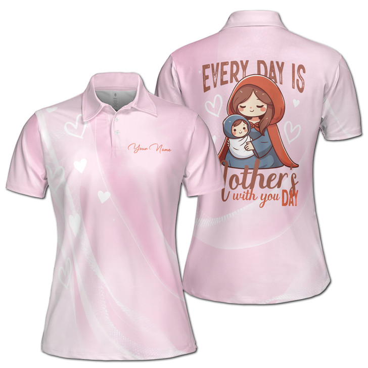 Custom Name Mom Every Day Mothers With You Day Pink Women's Polo Shirt S-5XL