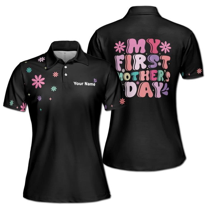 Custom Name Mom My First Day Floral Black Women's Polo Shirt S-5XL, For Mom