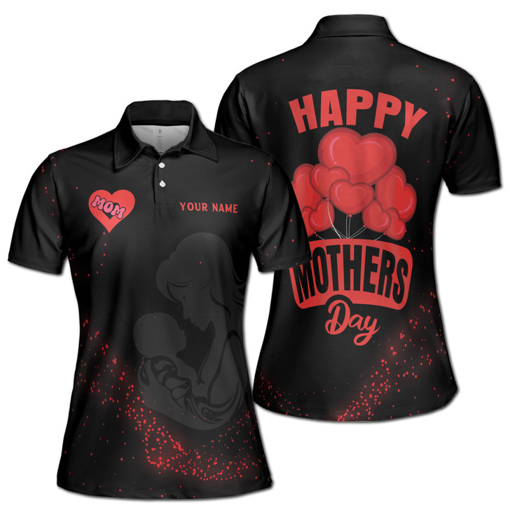 Custom Name Mom Heart Balloons Sparkle Black Women's Polo Shirt S-5XL, For Mom