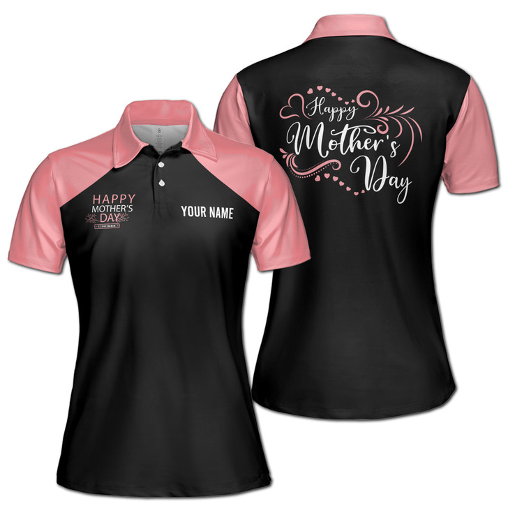 Custom Name Happy Mother Hearts Black Pink Women's Polo Shirt S-5XL, For Mom