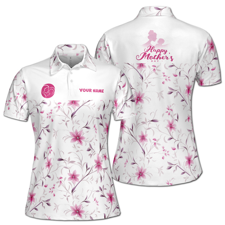 Custom Name Mom And Baby Floral White Pink Women's Polo Shirt S-5XL, For Mom