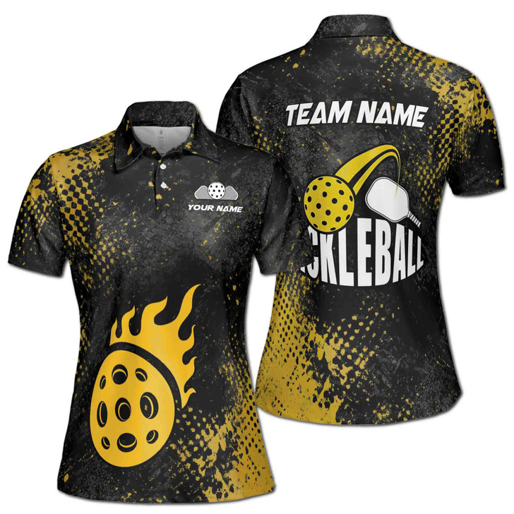 Custom Team Name Pickleball Fire Ball Black Women's Polo Shirt S-5XL, For Friend