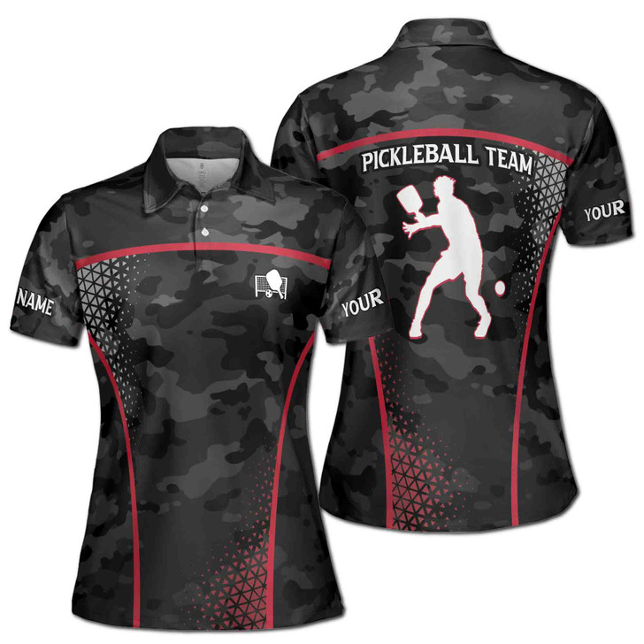 Custom Team Name Pickleball Player Camo Pattern Black Women's Polo Shirt S-5XL